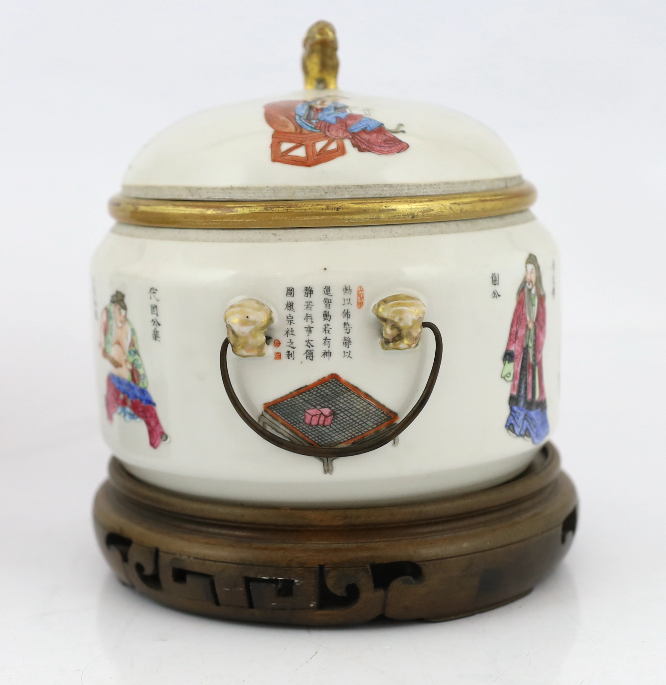 A pair of Chinese famille rose 'Wu Shuang Pu' porridge pots, liners and covers, Daoguang seal marks and of the period (1821-50), star crack to one base